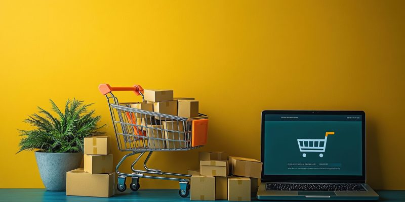 Sketch a shopping cart adorned with colorful boxes, its contents spilling onto the floor beside a laptop emblazoned with an online shopping website --chaos 5 --ar 7:4 --stylize 750 --v 6.1 Job ID: 802624ad-a6d1-410f-a583-b07bfef2991d