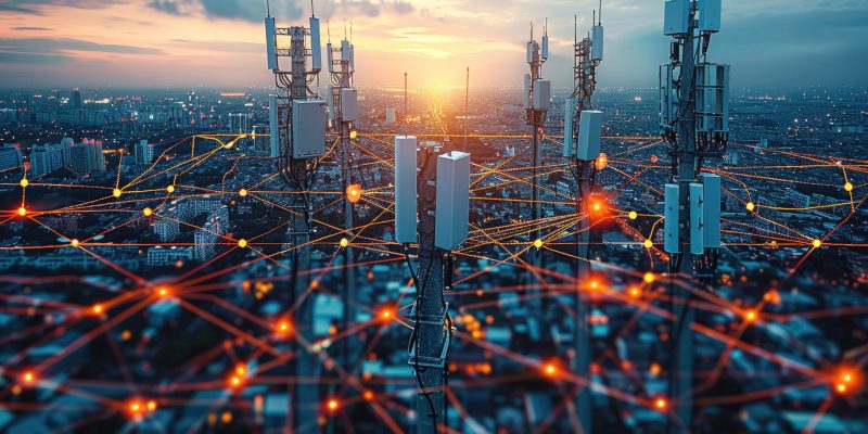 Telecommunication tower, Communication network in telecommunication, focusing on seamless connectivity across devices and platforms. Generative AI.